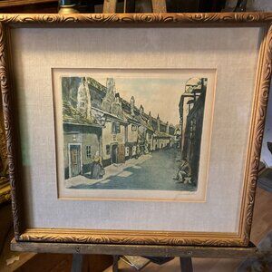 Antique Vintage 1910 Colored Etching Engraving European Street Signed